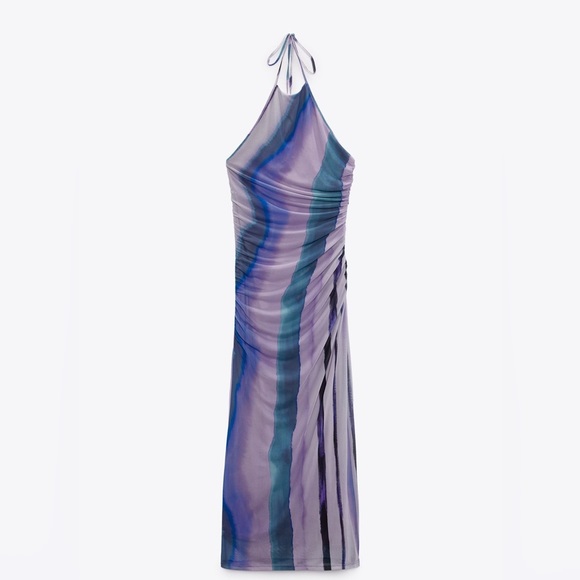 Zara Printed Tulle Mesh Halter Top Open Back Bodycon Midi Dress - Picture 4 of 15